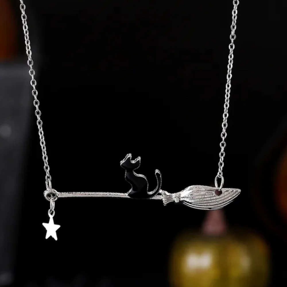 Binx Black Cat Riding Broomstick Star Charm Silver Tone Necklace Witch Halloween